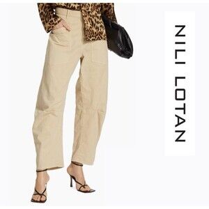 Nili Lotan Pants Womens Size 6 Beige Shon Curved Barrel Leg High Rise Designer